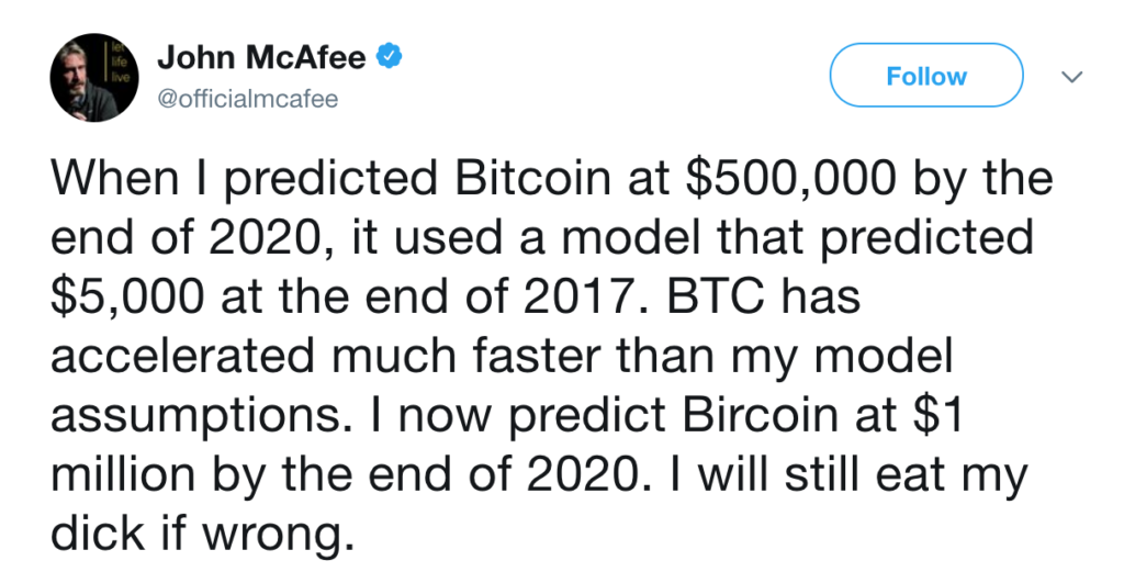 John McAfee Bitcoin $1 Million Dollars Bet